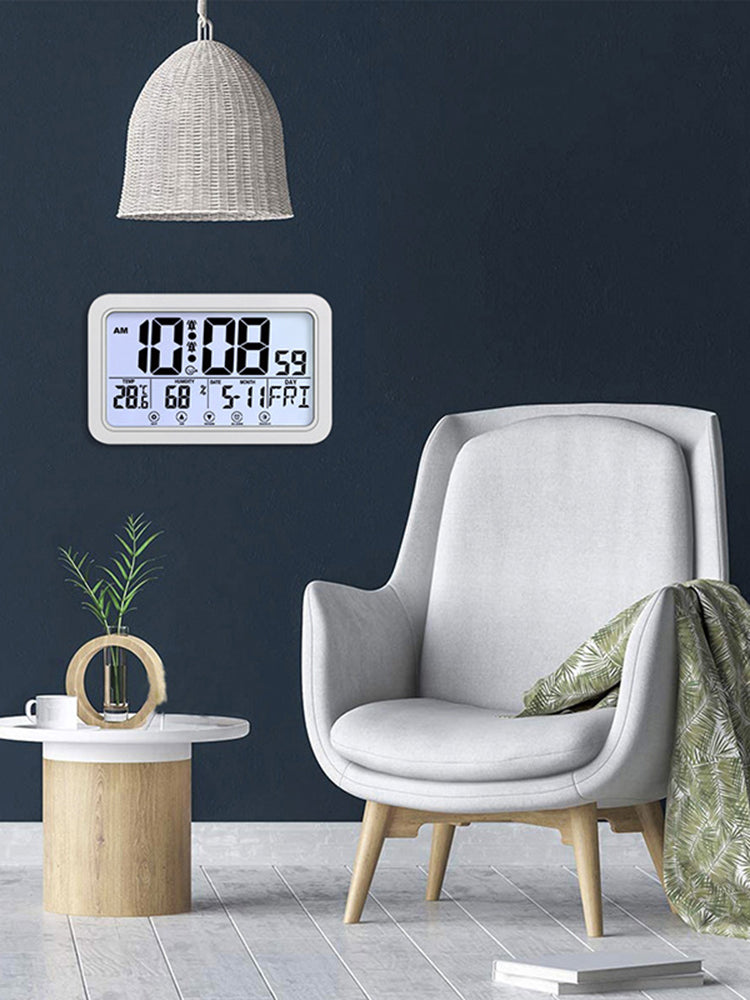 Modern living room with digital wall clock.