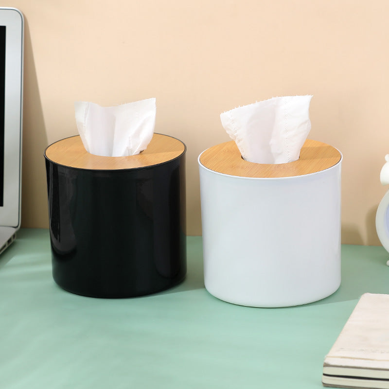 Round Bamboo And Wood Tissue Box