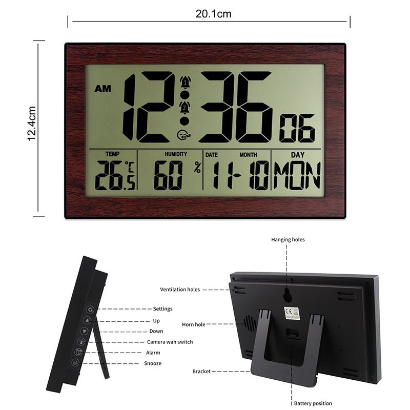 Large Digital wall clock displaying time, temperature, humidity, and date.