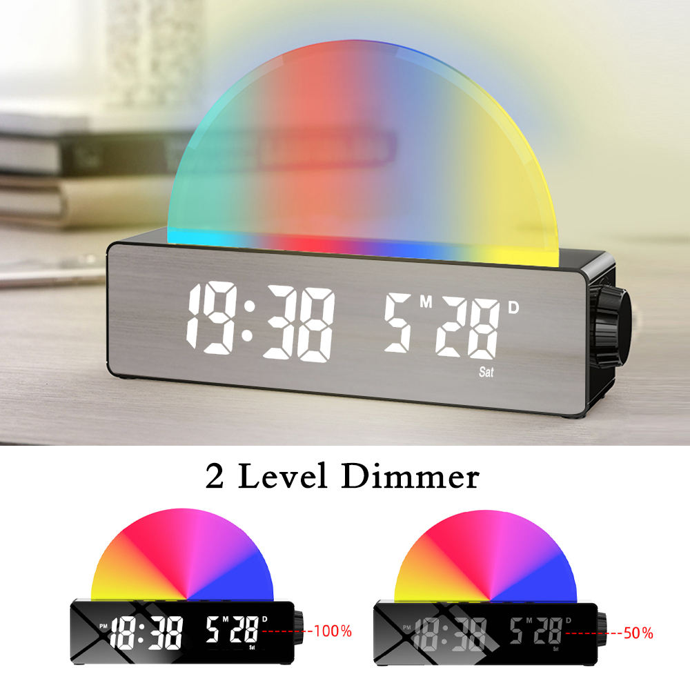 Colorful sunrise alarm clock, brightness levels.