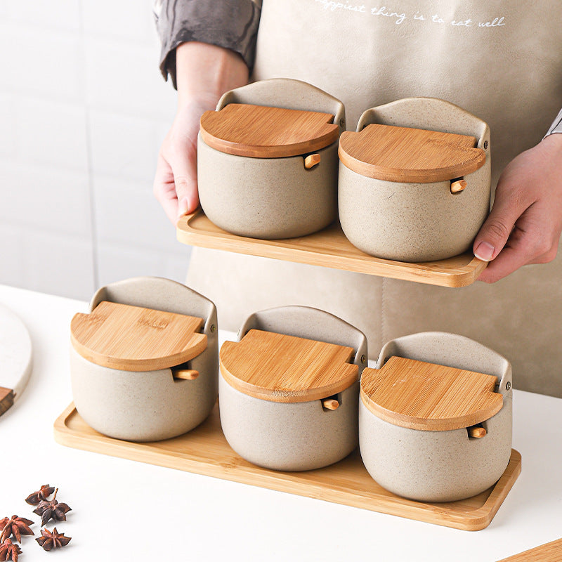 Japanese Ceramic Bamboo and Wood Lid Seasoning Jar