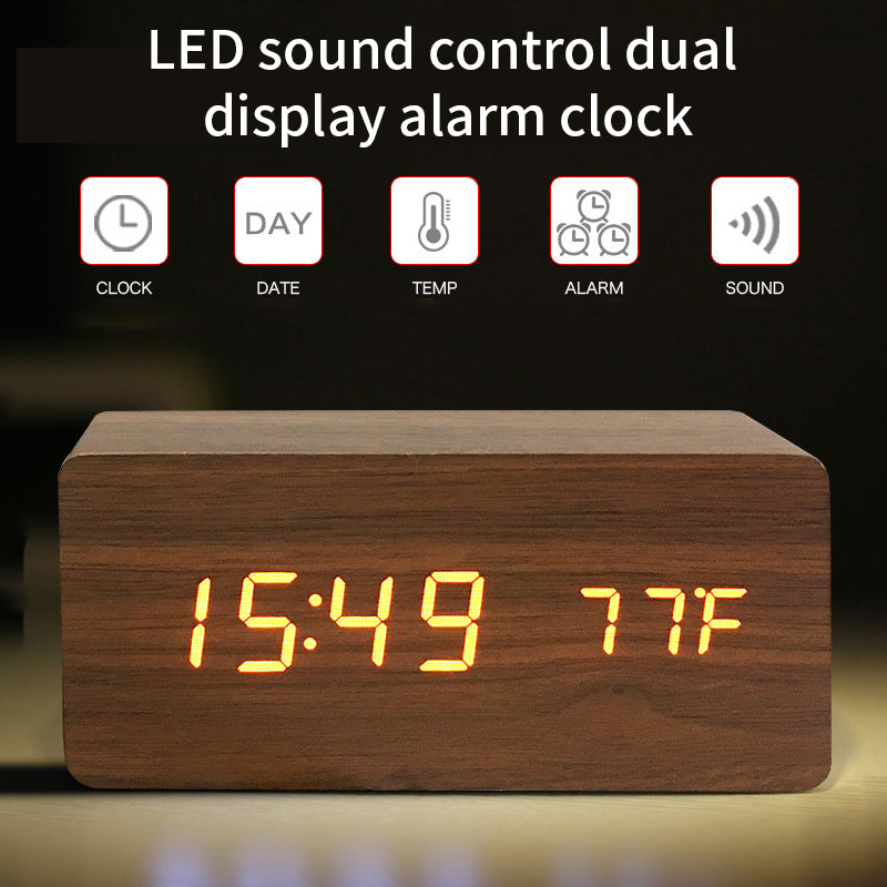 LED Sound control dual display wood alarm  clock 