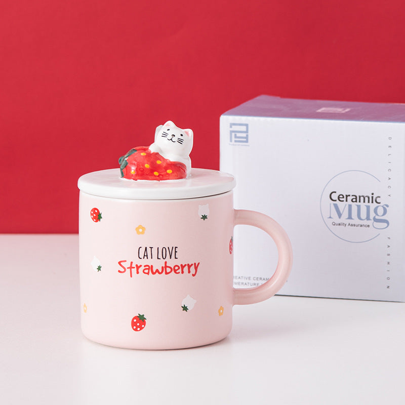 Creative Cartoon Ceramic Mug With Lid Cute Strawberry