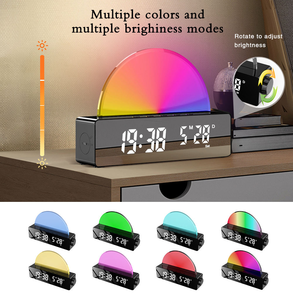 Digital sunrise watch with colorful brightness control.
