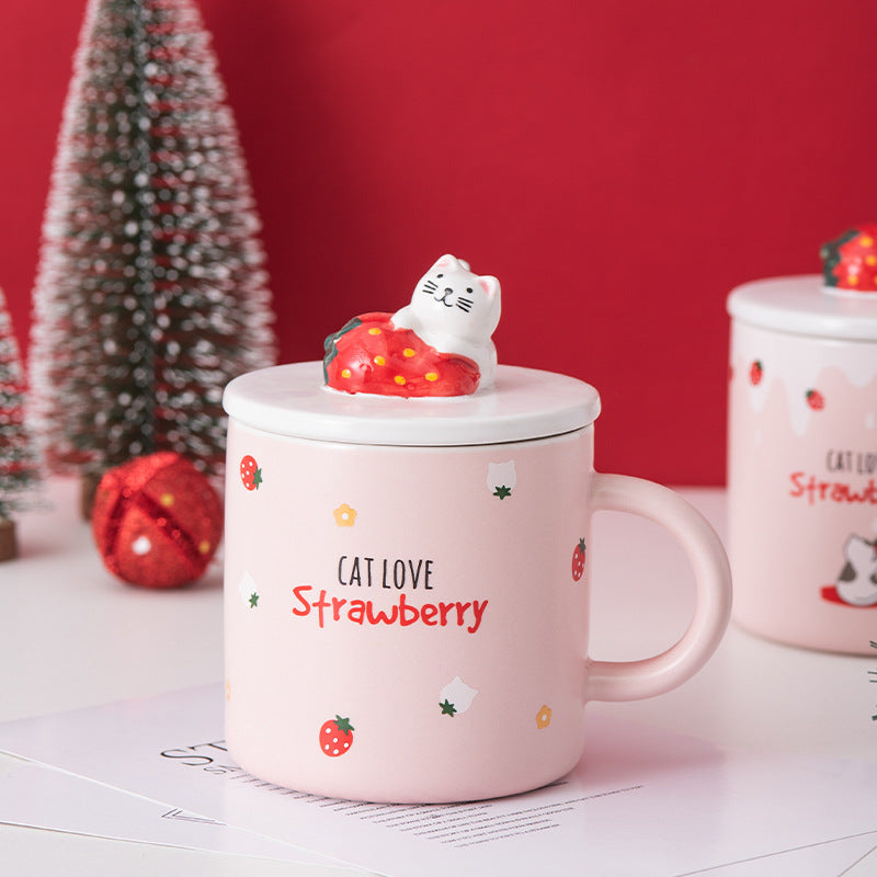 Creative Cartoon Ceramic Mug With Lid Cute Strawberry